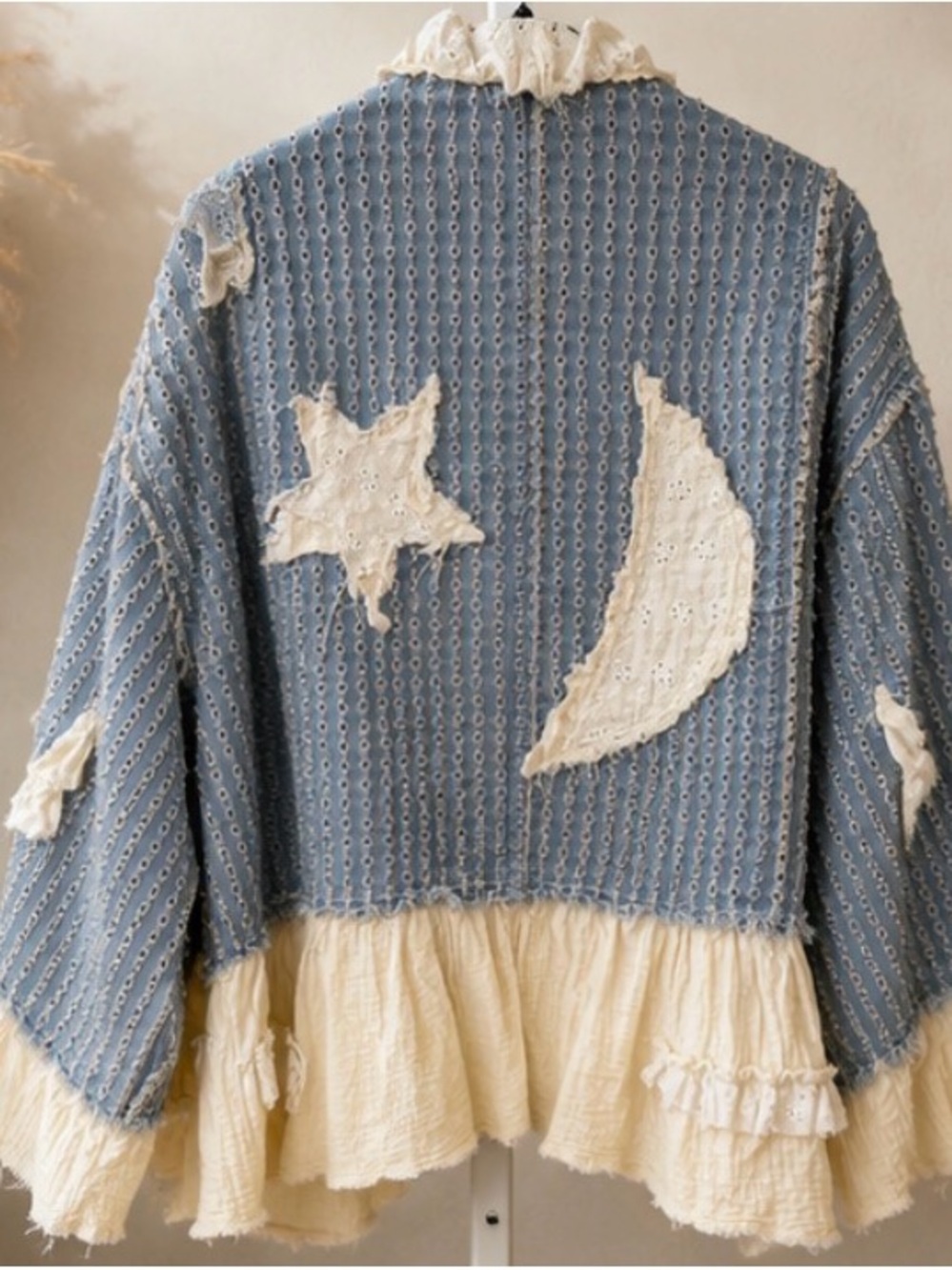 POL Blue Eyelet Star Patch Ruffle Jacket with Cream Trim Sz M -NWT - Picture 2 of 3
